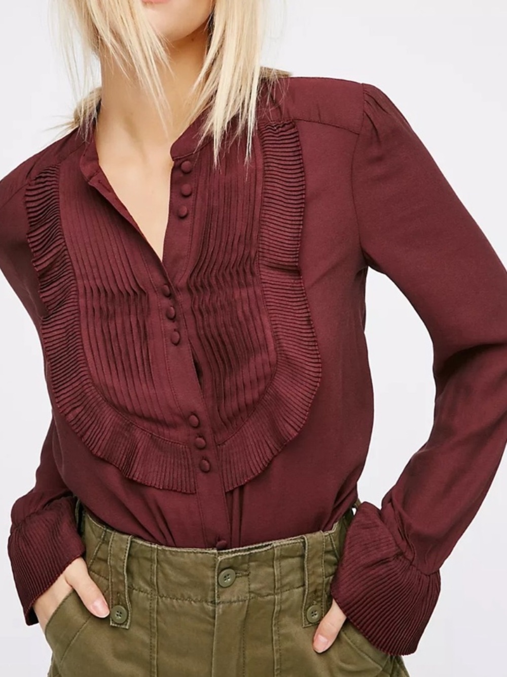 Free People Ruffle Pintuck All Shook Up Blouse